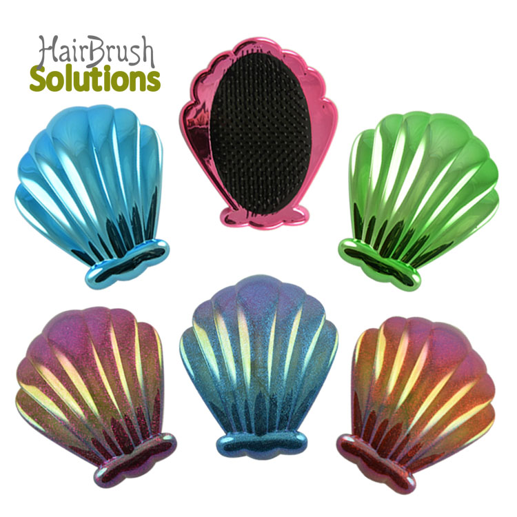 Free Samples Design Shell Shape Plastic Outdoor Travel Portable Cute Private Label Detangling Bling Hair Pink Brush Women