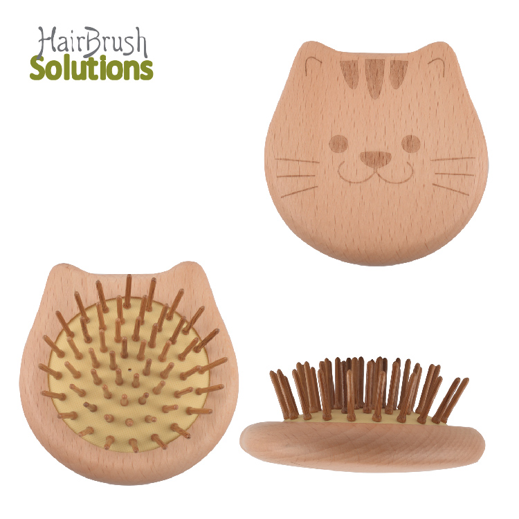 Customized Eco Friendly Massage Scalp Beech Wooden Airbag Paddle Oval Bamboo Pins Mini Cat Hair Brush Comb