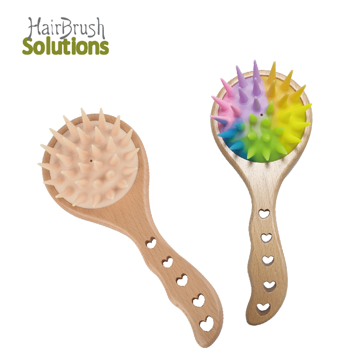 Nature Beech Wood Long Handle Pet Dog Multicolor Silicone Pins Scalp Massage Shampoo Brush With Hook